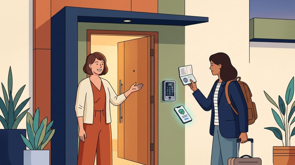 Host e ospite verificano l’identità davanti all’ingresso di un appartamento vacanza.