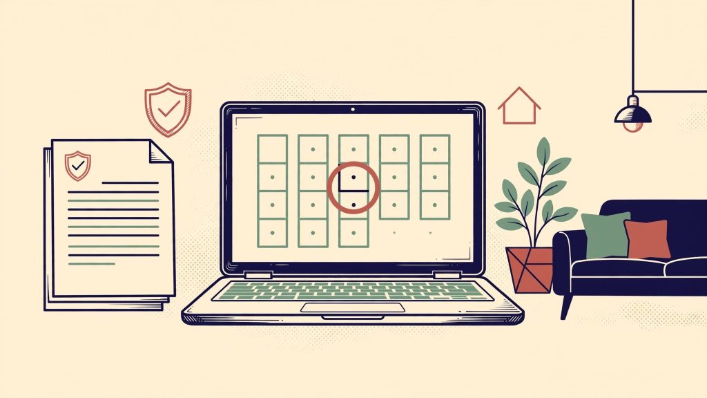 Laptop con calendario di prenotazione, contratto e simbolo di protezione.