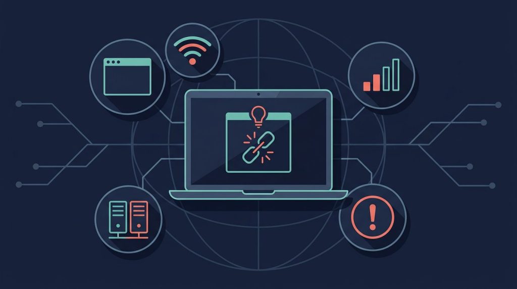 Laptop con pagina offline e icone per controllare Wi‑Fi, rete mobile e server.