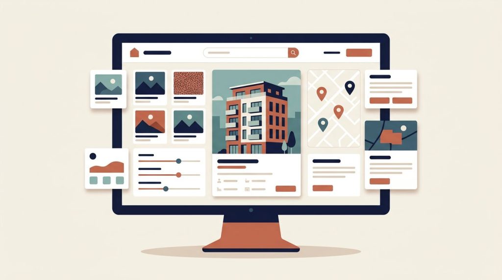 Monitor con interfaccia immobiliare, mappa, filtri e immagine di un edificio moderno.