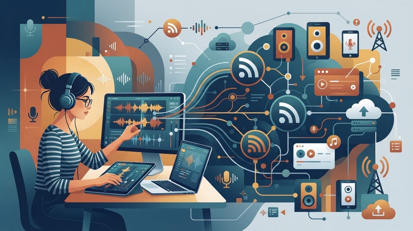 Una persona accanto a onde audio e simboli RSS collegati.