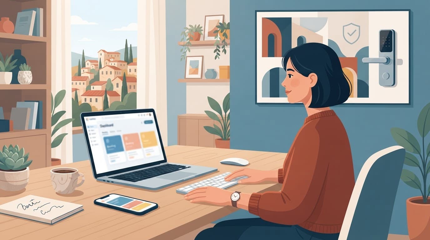 Scrivania con laptop, smartphone, calendario colorato e serratura smart sullo sfondo.
