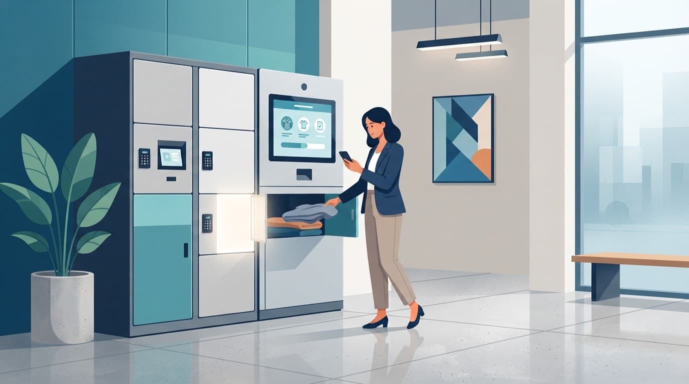 Una persona inserisce un sacchetto in un locker automatico per lavanderia.
