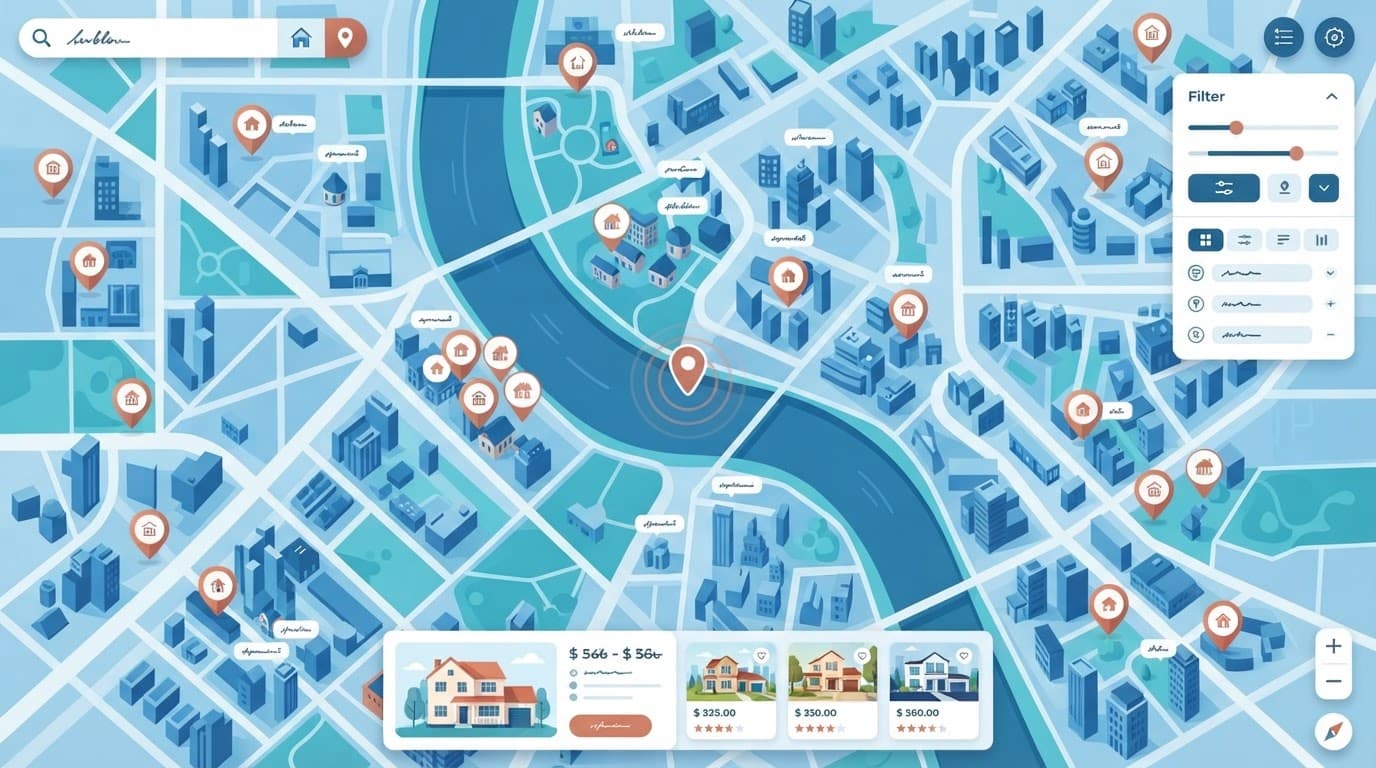 Mappa digitale blu con indicatori terracotta per cercare immobili.