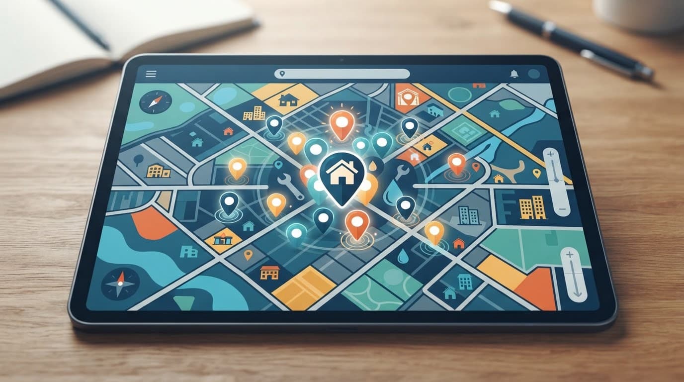 Tablet con mappa digitale e segnaposto colorati per le aree di servizio di un idraulico.