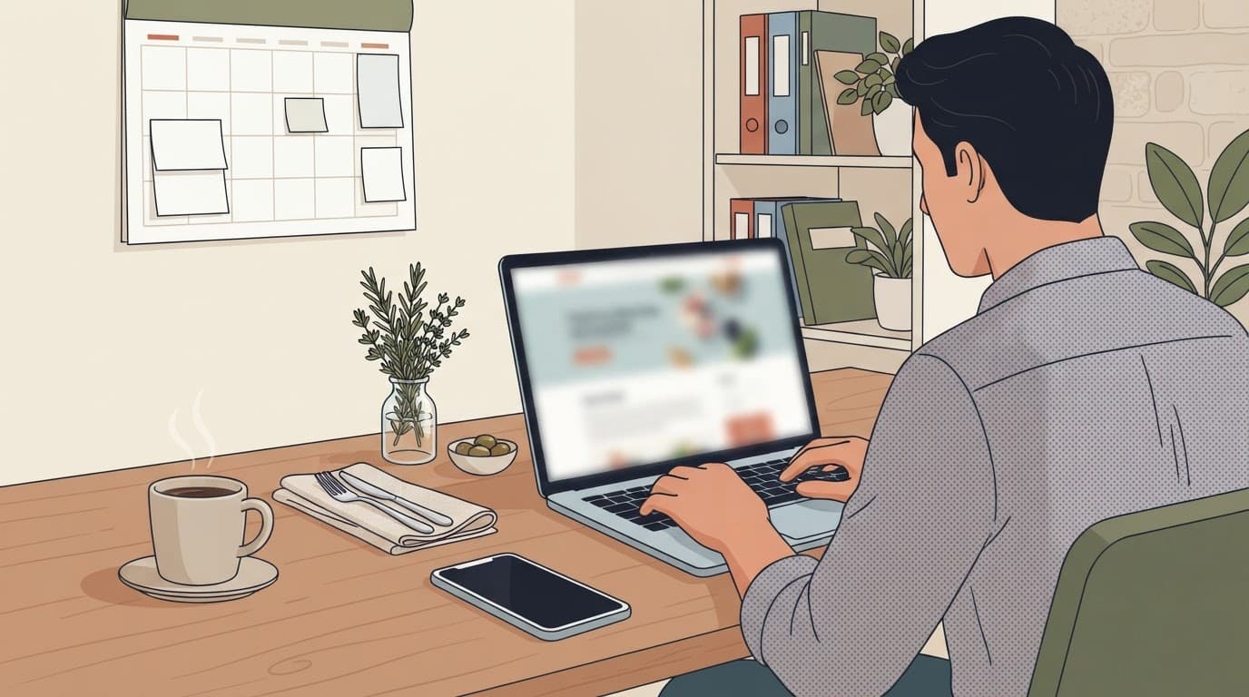 Persona al laptop con smartphone, caffè ed erbe su una scrivania luminosa.