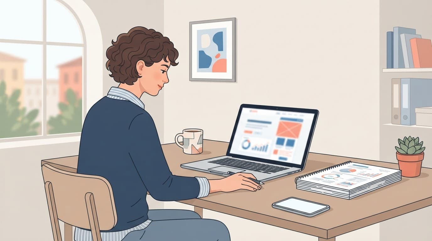 Una titolare controlla documenti per la migrazione di un dominio accanto a laptop e telefono.