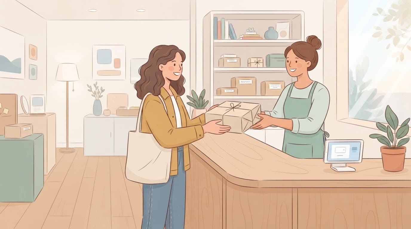 Un cliente tiene un pacco all'interno di un negozio accogliente.