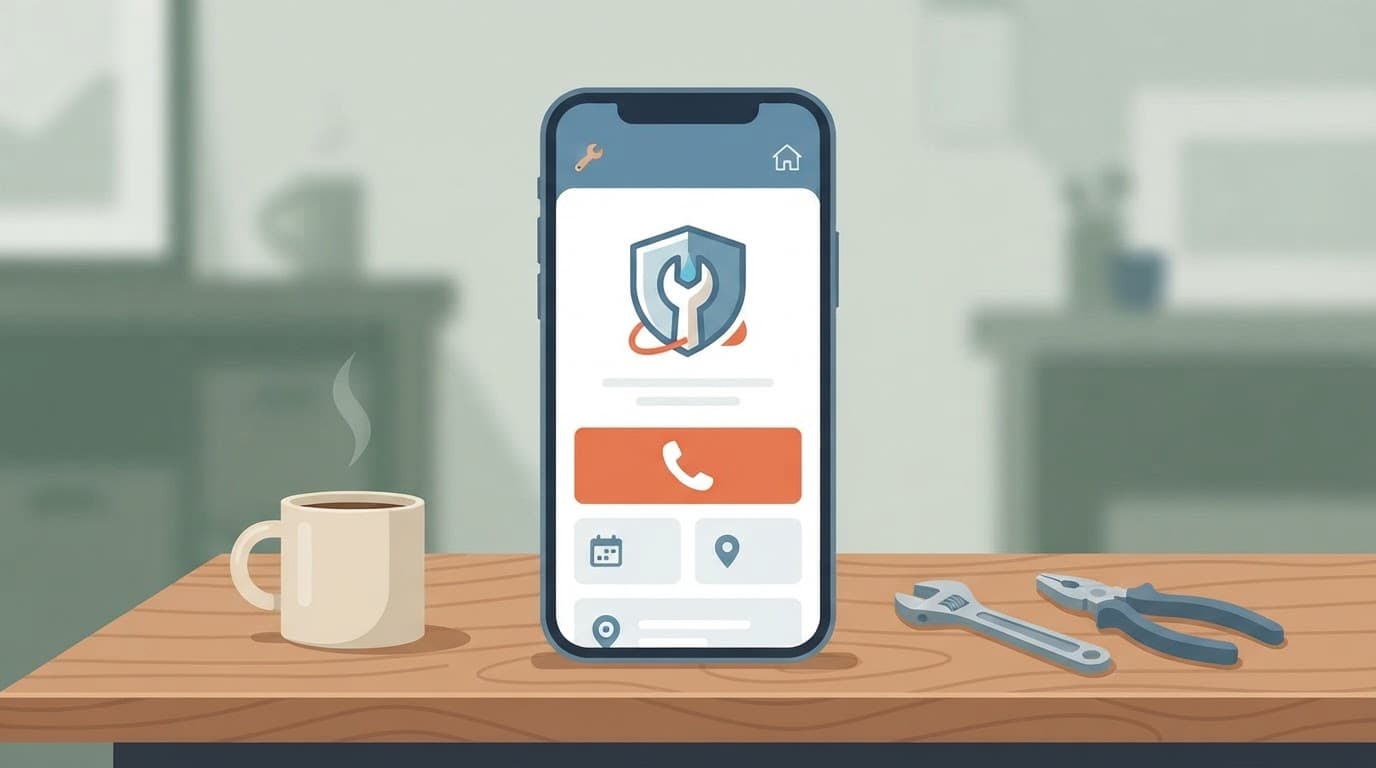 Smartphone con sito per idraulici, strumenti e caffè su una scrivania.