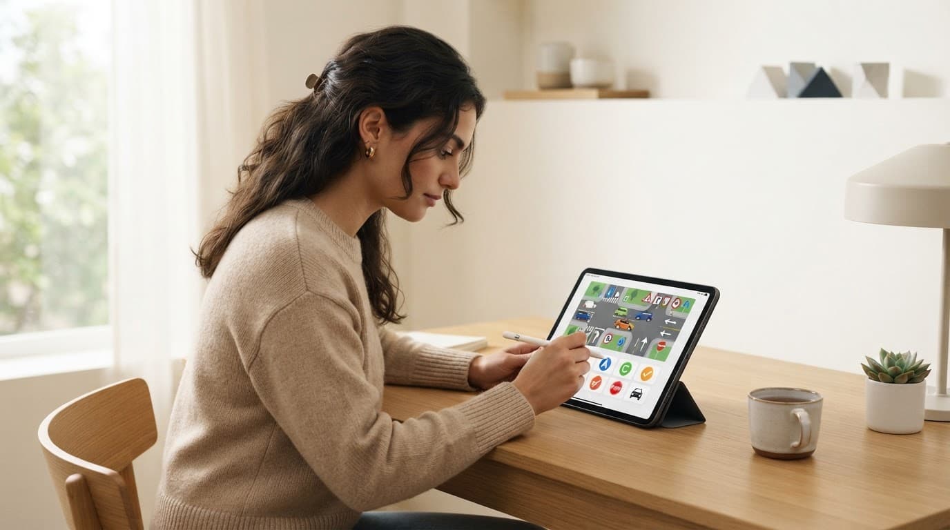 Giovane studente studia i quiz della patente su un tablet in una stanza luminosa.