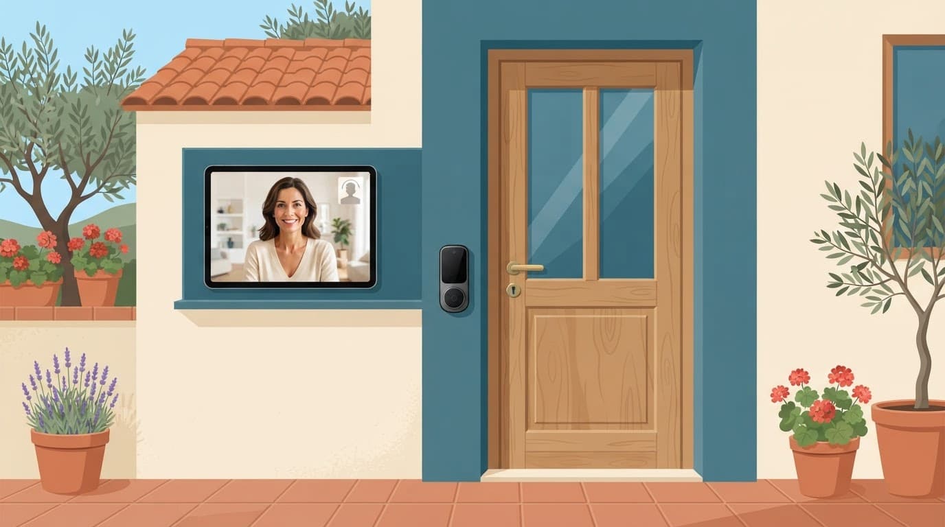 Un ospite davanti a una porta smart mentre l'host appare sul tablet in videochiamata.
