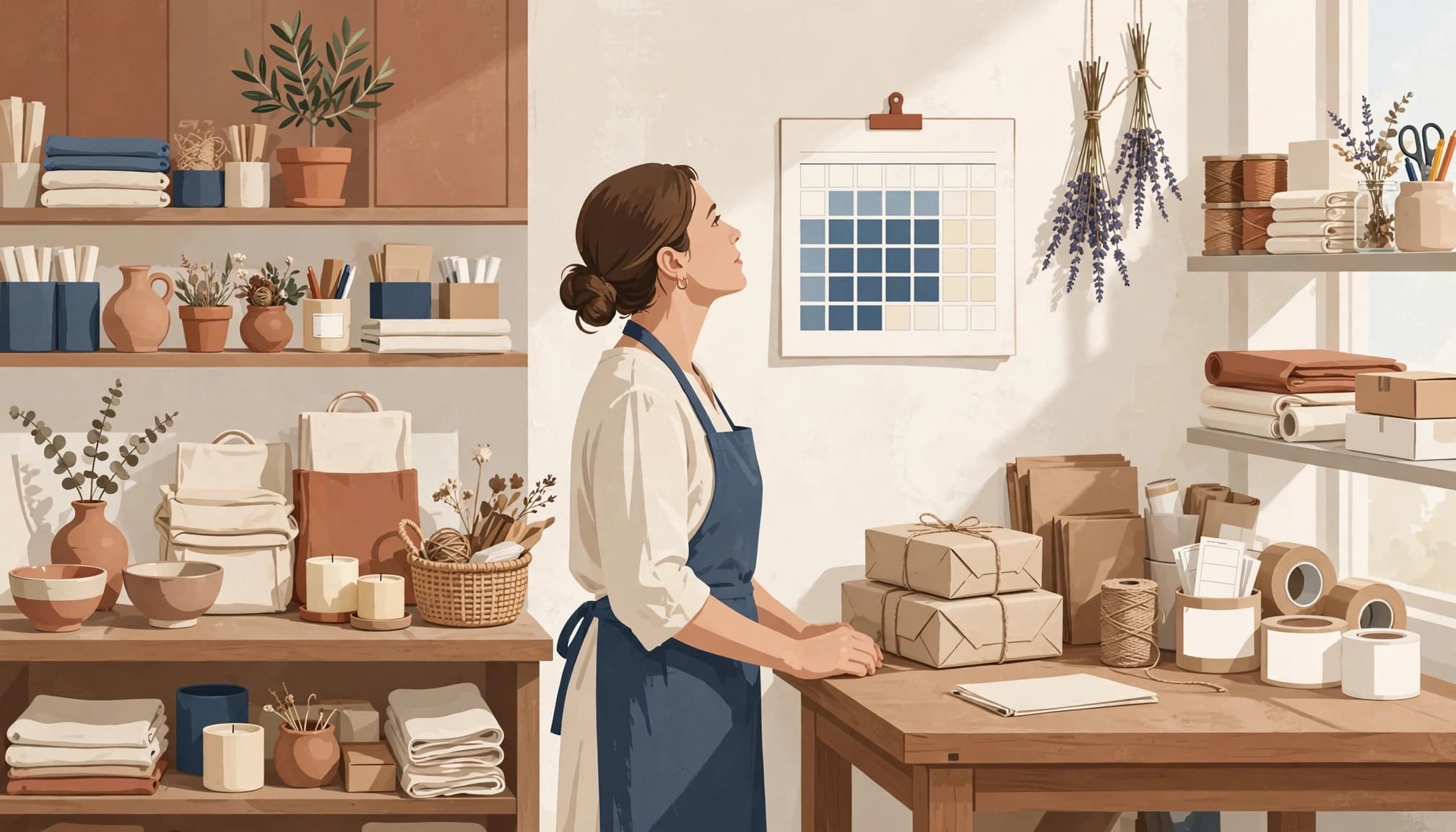 Un'artigiana controlla il calendario vicino a ordini pronti e prodotti fatti a mano.