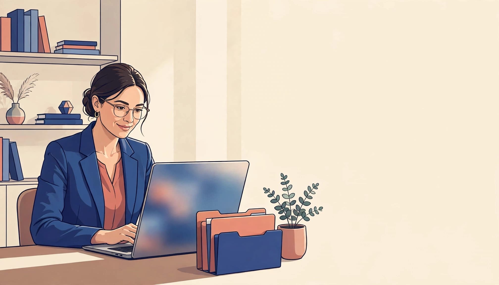 Commercialista al lavoro con laptop e cartelle in un ufficio luminoso.