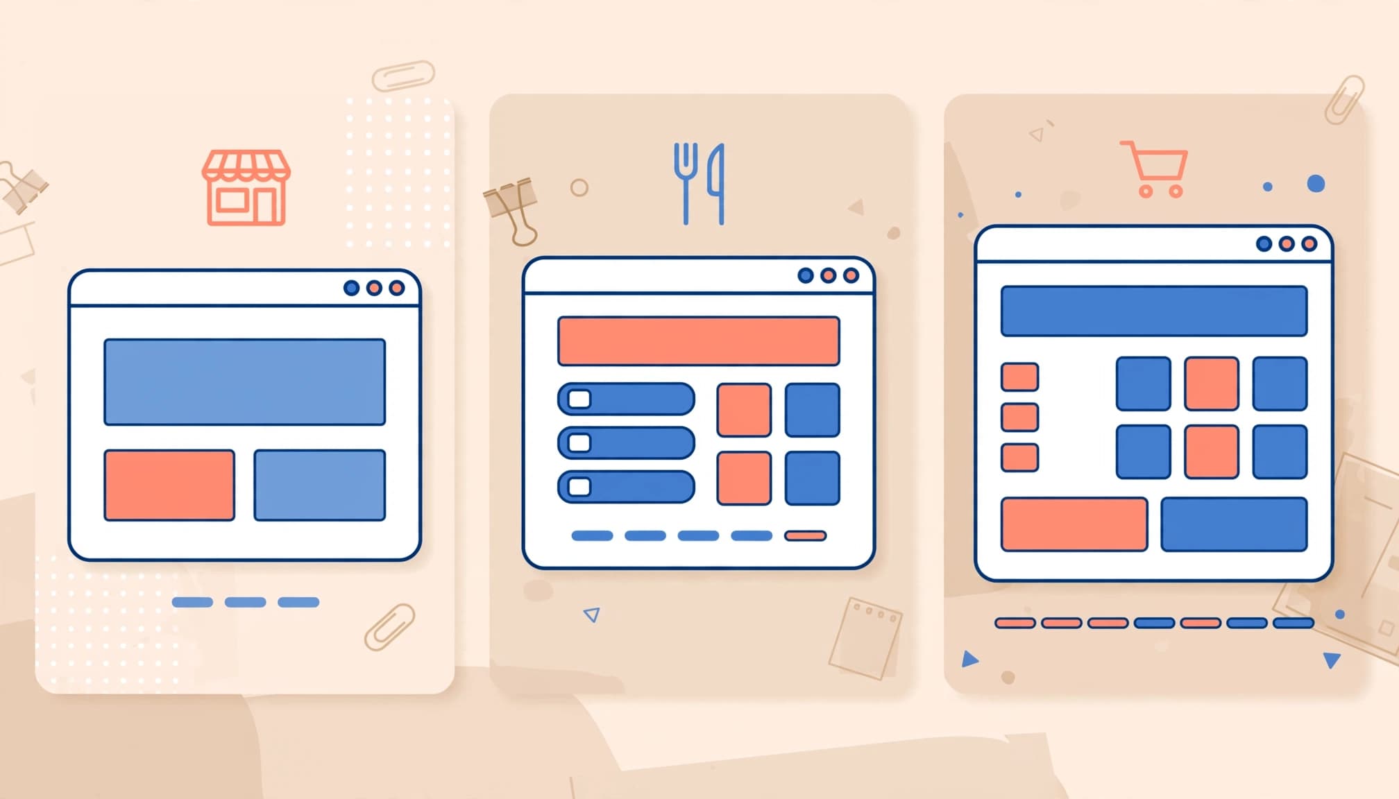 Tre interfacce web illustrano livelli crescenti di complessità progettuale.