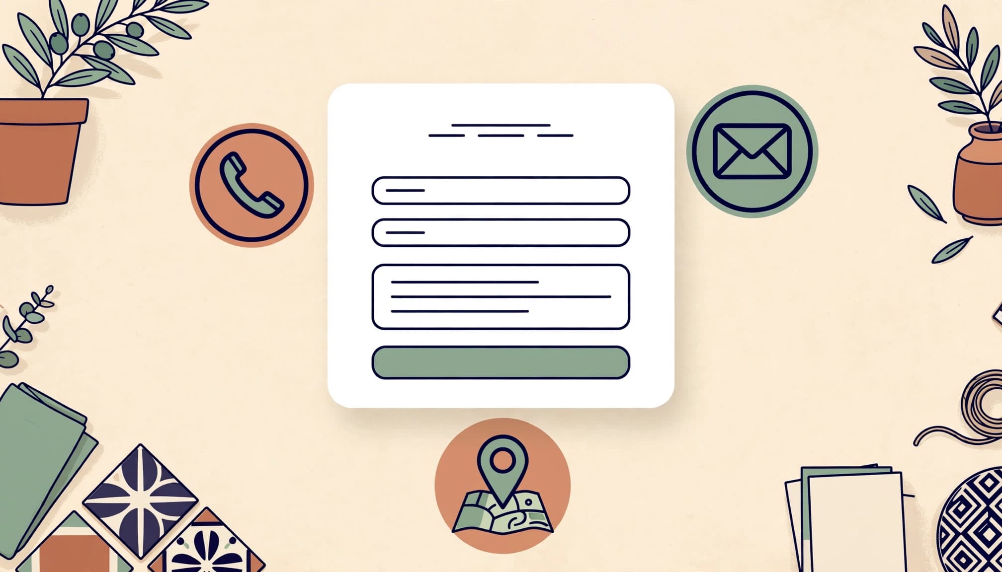 Scheda contatti con icone di telefono, email, posizione e una piccola mappa.