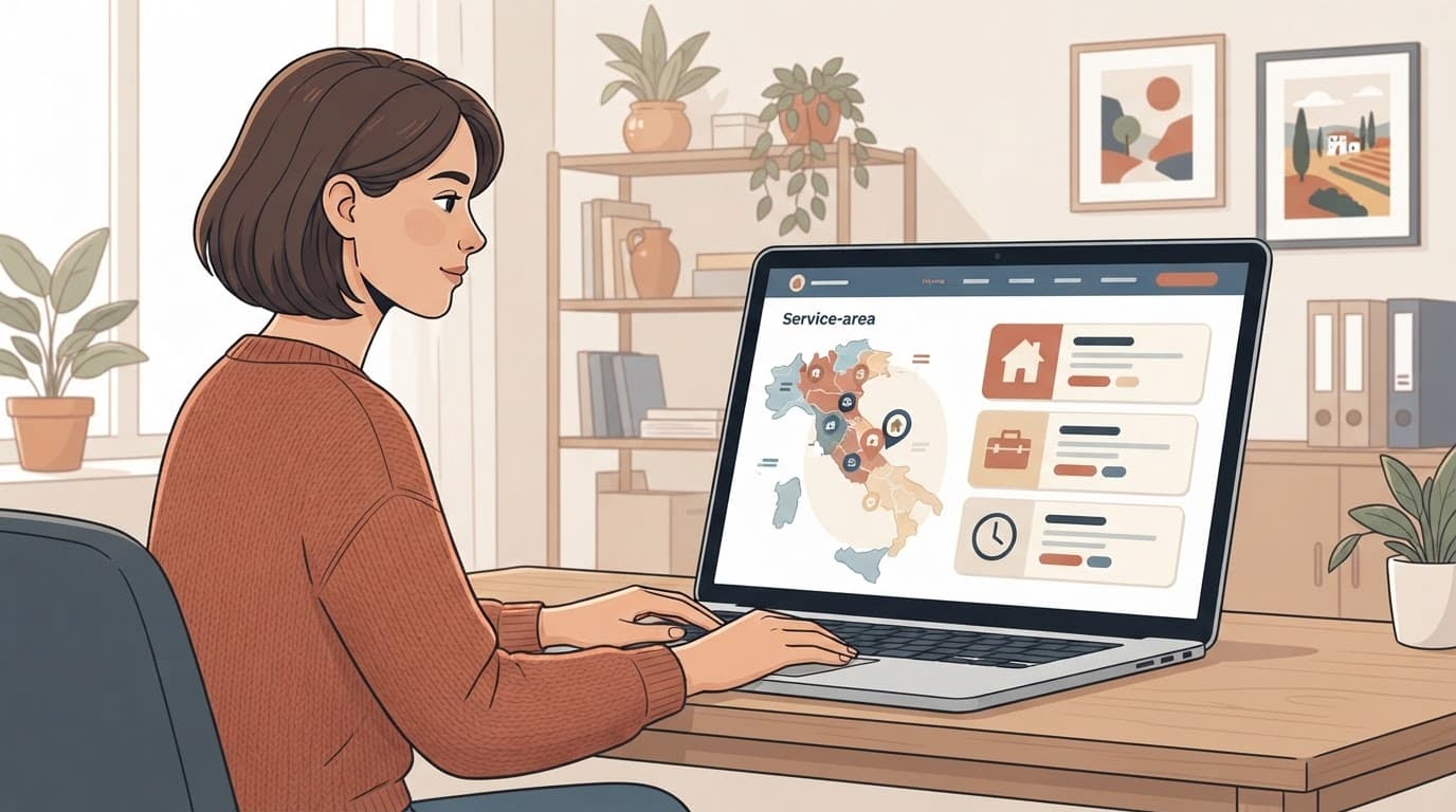 Un titolare esamina un laptop con mappa delle zone e schede di prezzo.