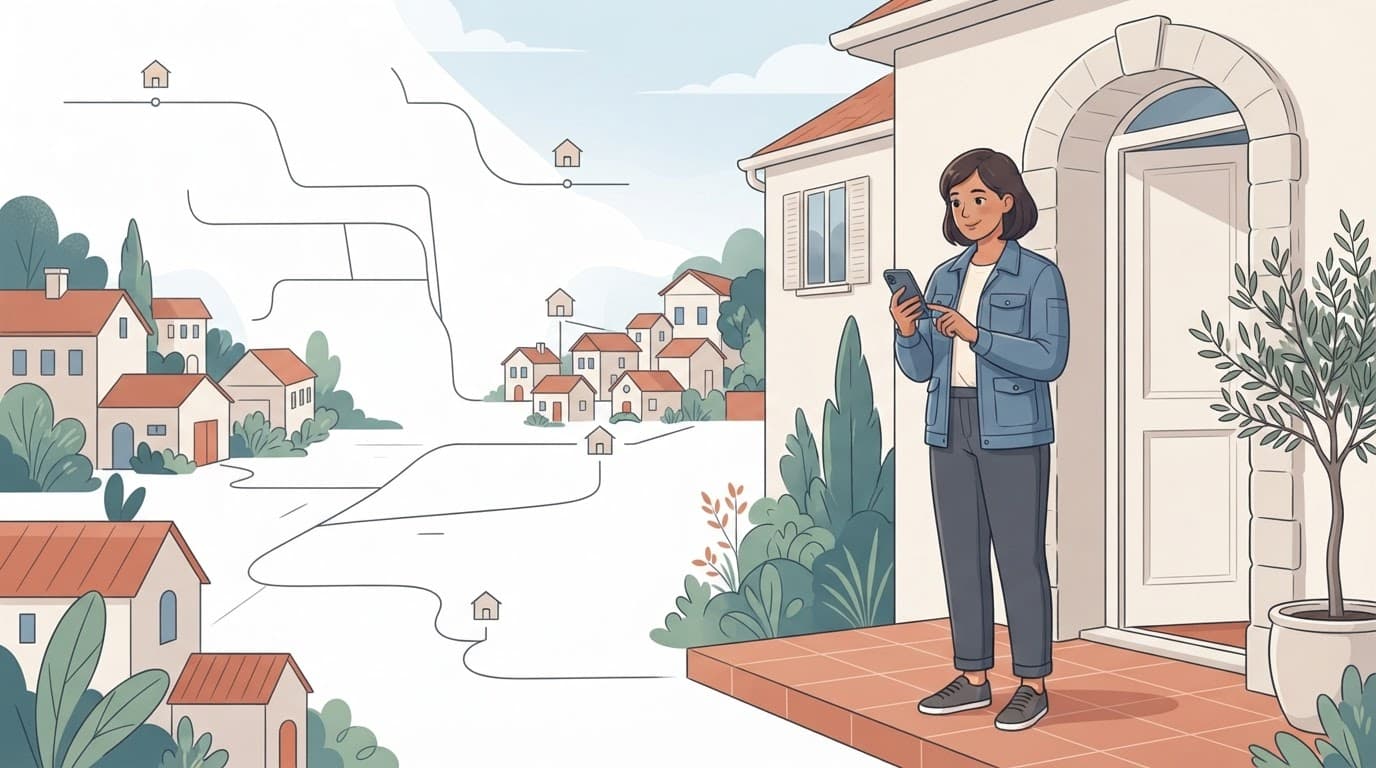 Professionista con smartphone davanti a una casa e mappa del territorio sullo sfondo.