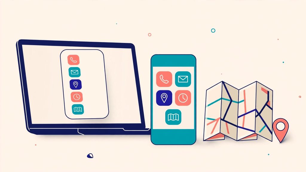 Smartphone e laptop accanto a una mappa piegata e a un segnaposto corallo.