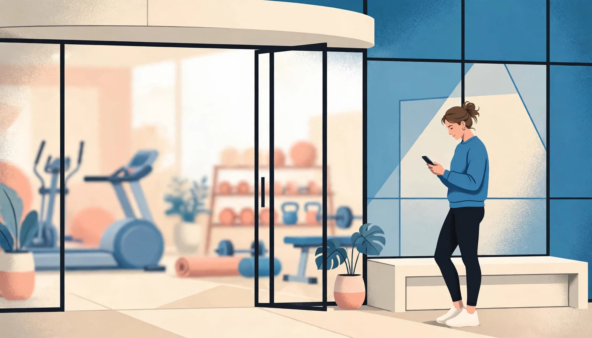Un adulto guarda lo smartphone nell'ingresso luminoso di una palestra.