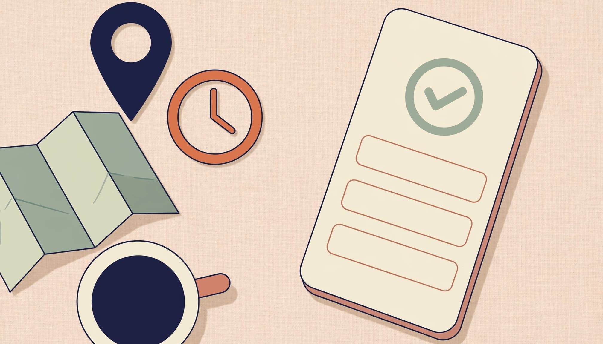 Smartphone con modulo vuoto, segnaposto, orologio, mappa piegata e tazza di caffè.