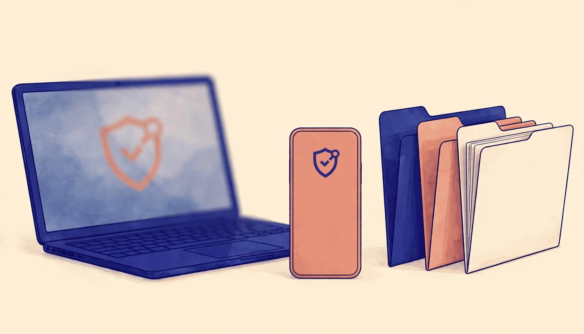 Laptop, smartphone e cartelle ordinate su una scrivania, con uno scudo astratto sullo schermo.
