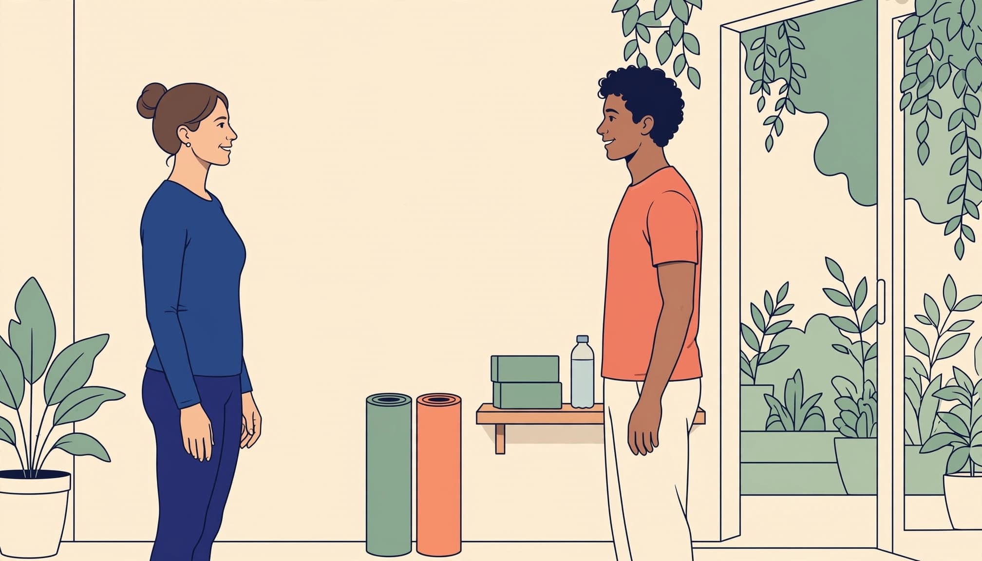 Illustrazione di due persone che parlano in uno studio di yoga.