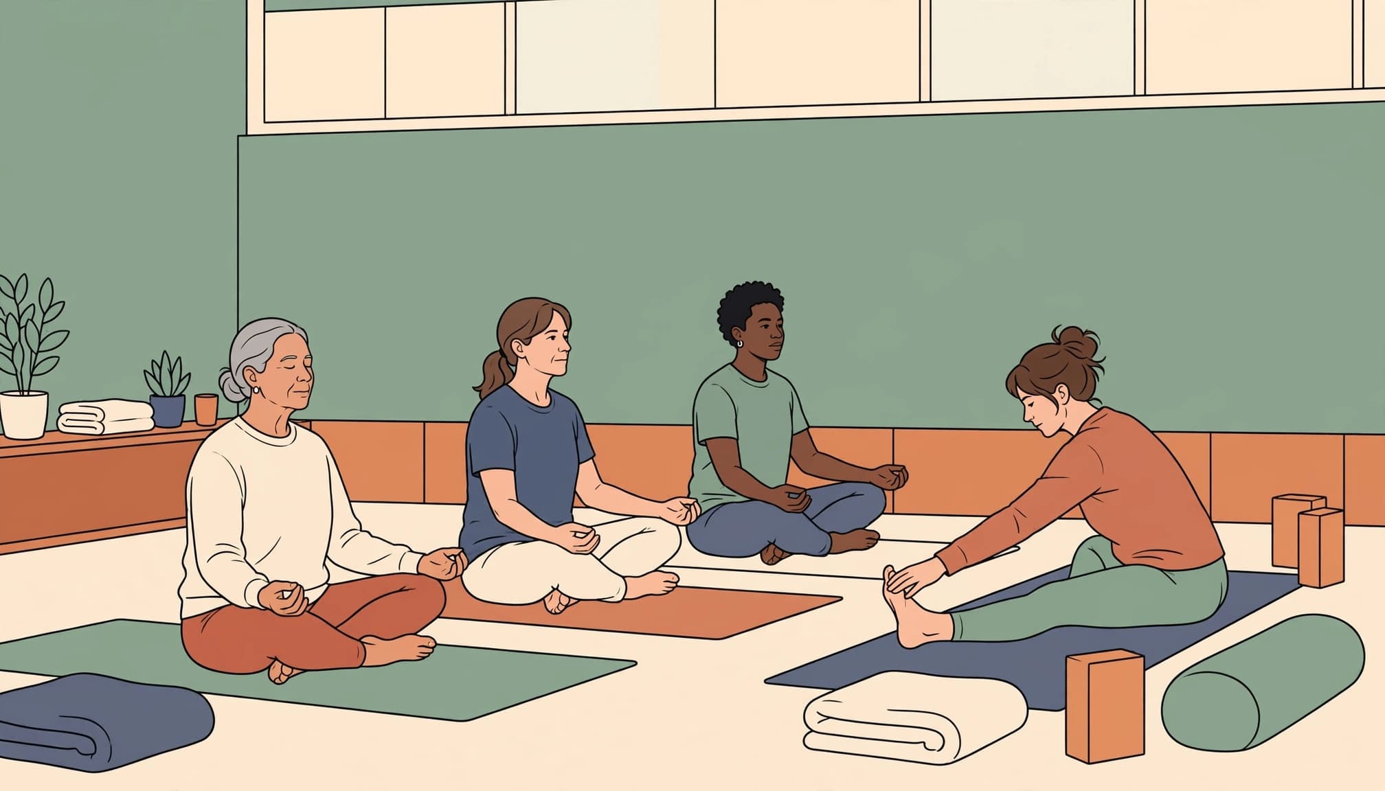 Quattro persone fanno yoga in una sala luminosa con tappetini e accessori.