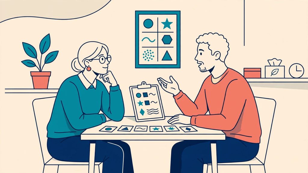 Una logopedista ascolta un adulto durante un colloquio con schede illustrate.