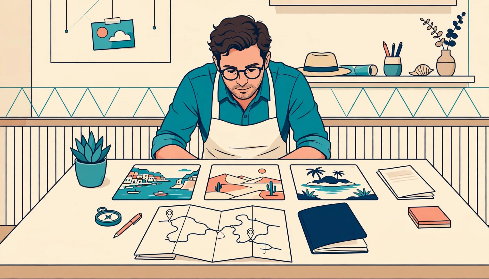 Un uomo guarda tre cartoline di viaggio e una mappa su un tavolo.