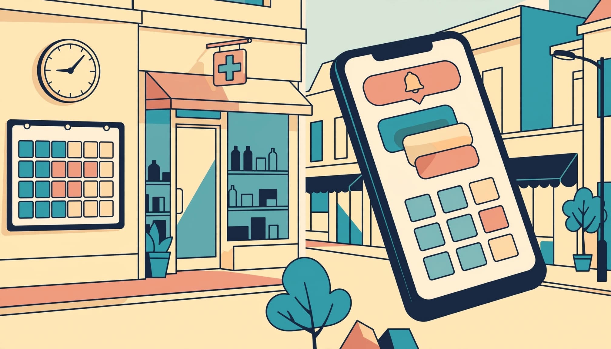 Illustrazione di una farmacia con calendario, orologio e uno smartphone in primo piano.
