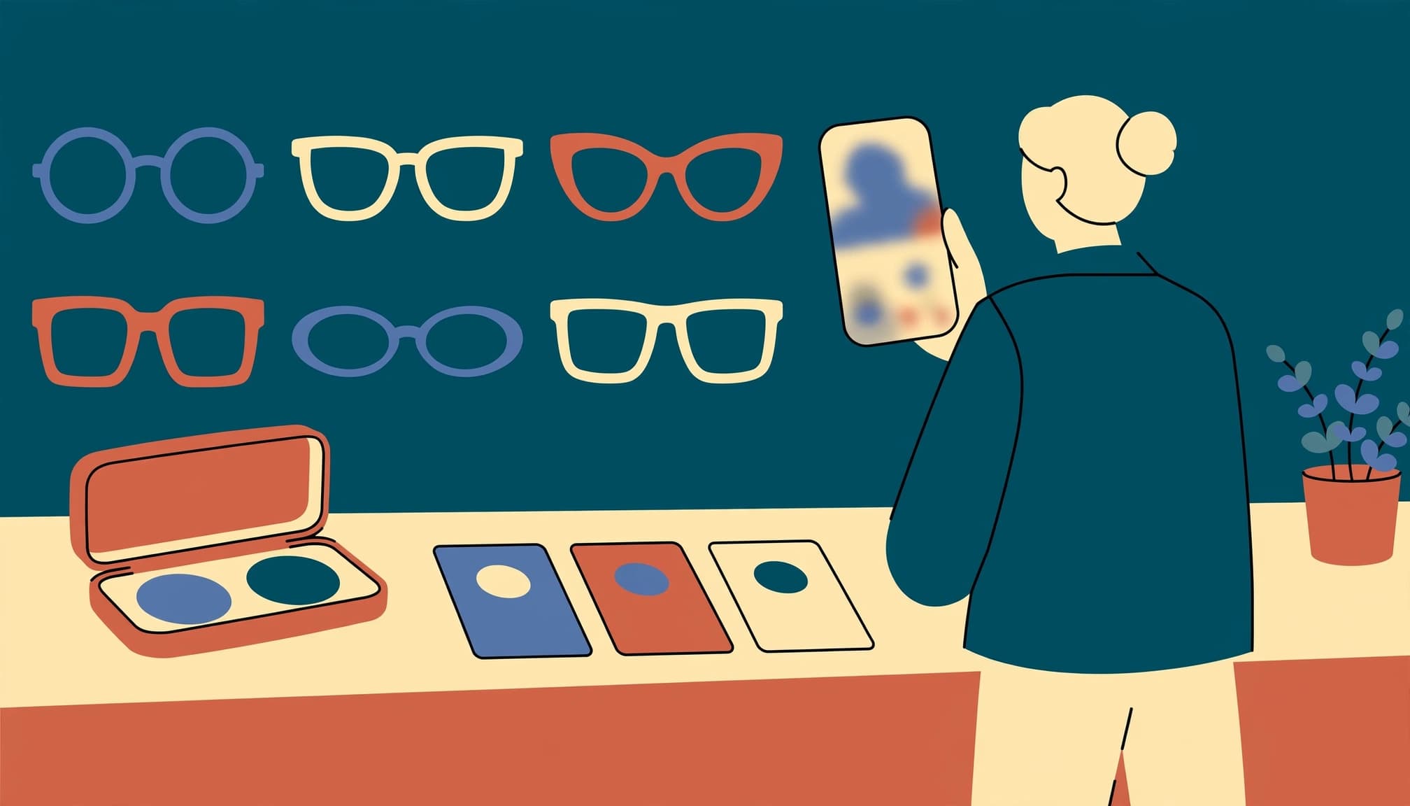 Illustrazione di una persona di spalle che guarda occhiali a parete e carte campione su un bancone.
