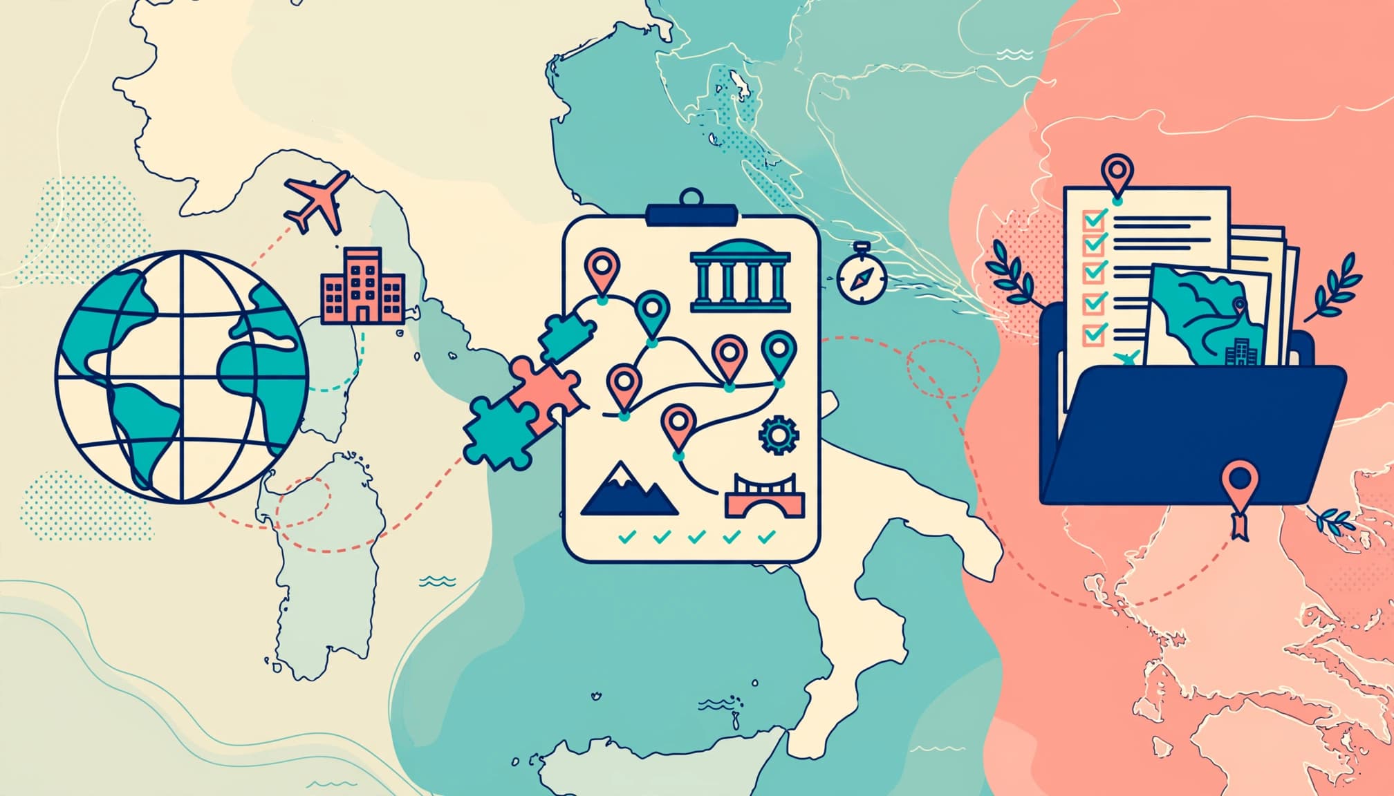 Illustrazione flat 2D che mostra tre zone di viaggio collegate su sfondo mappa astratto.