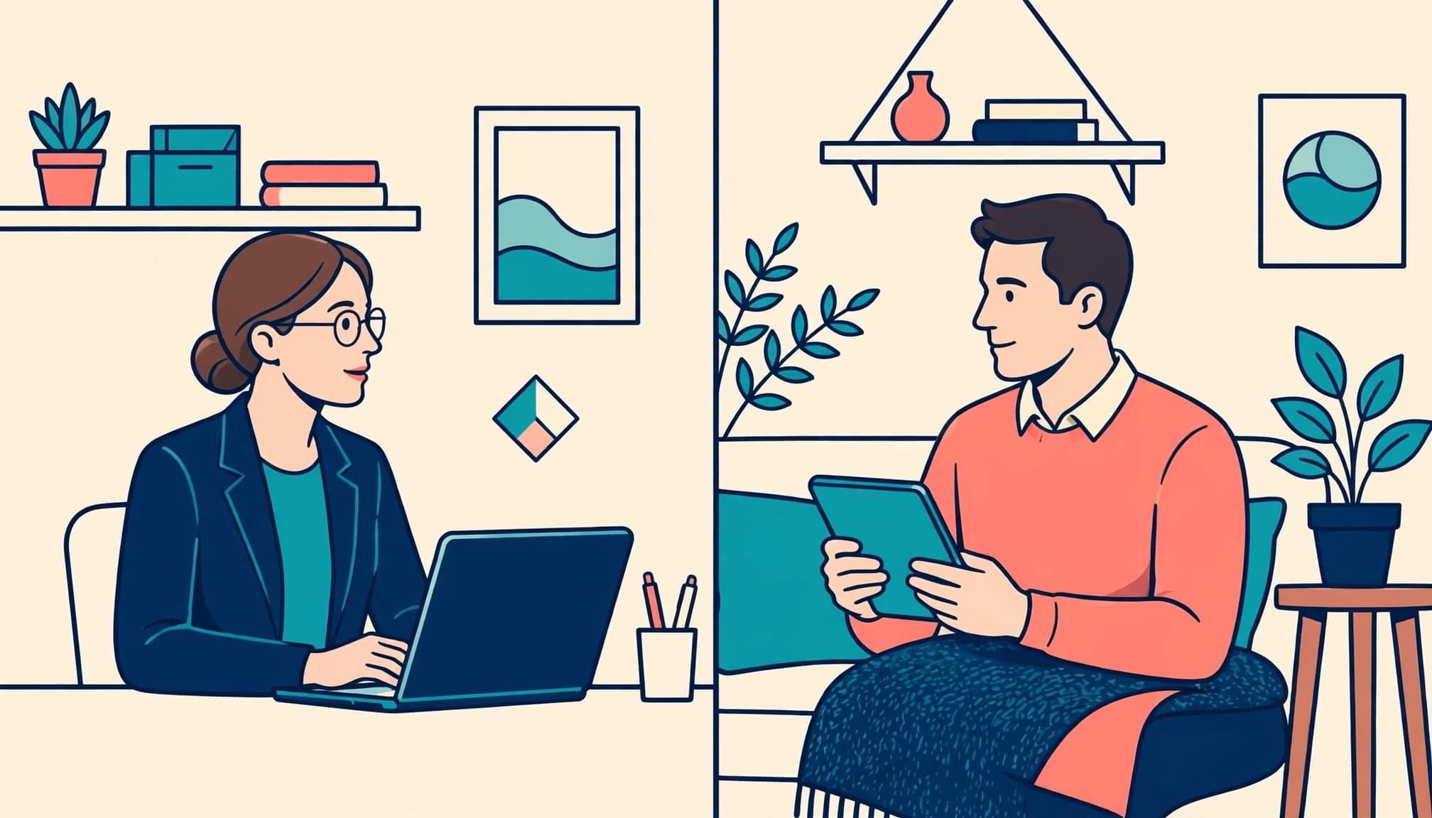 Illustrazione di una videochiamata tra una terapista con laptop e un paziente con tablet.