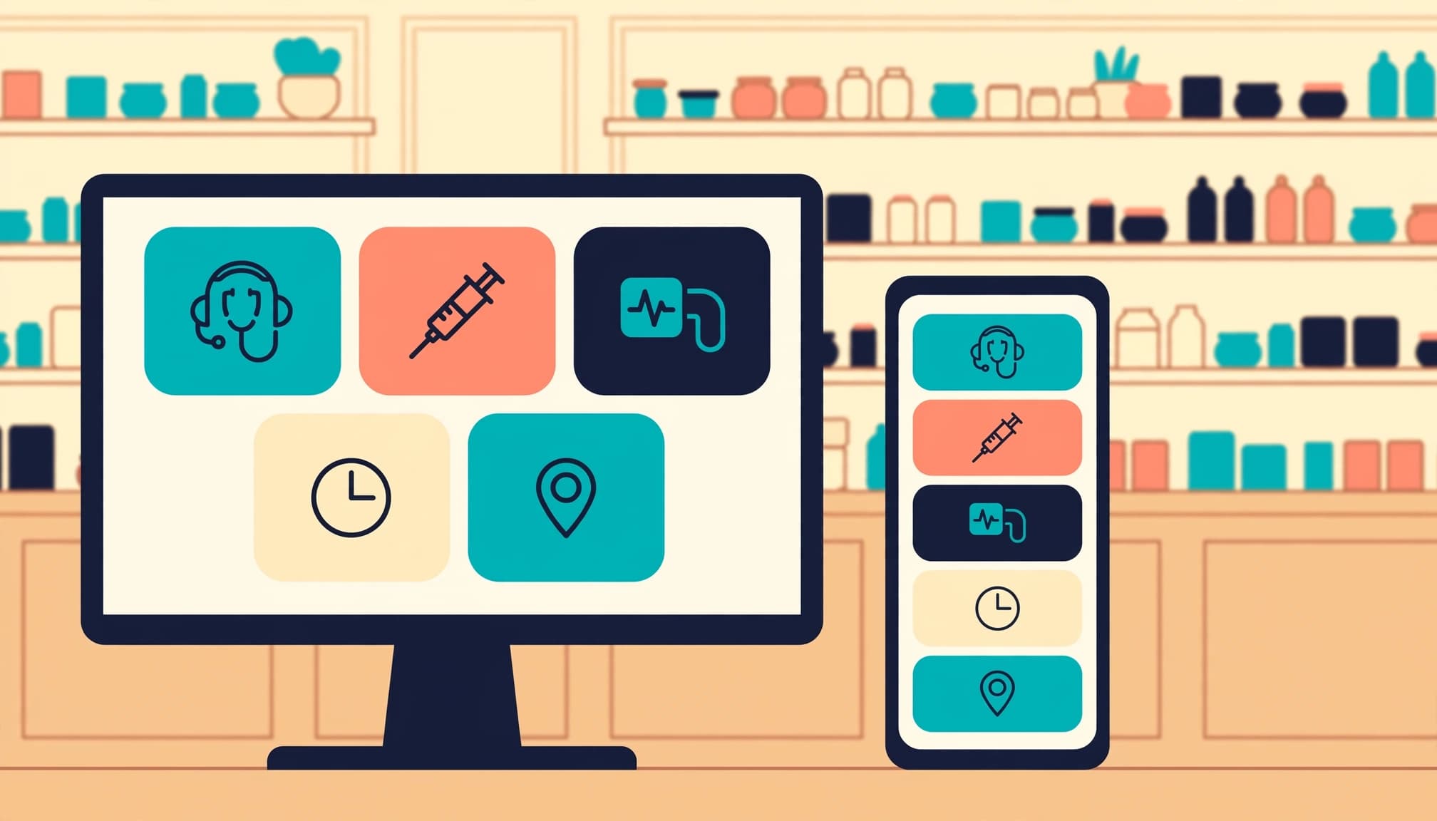 Illustrazione di un computer e uno smartphone con icone di servizi per la farmacia.