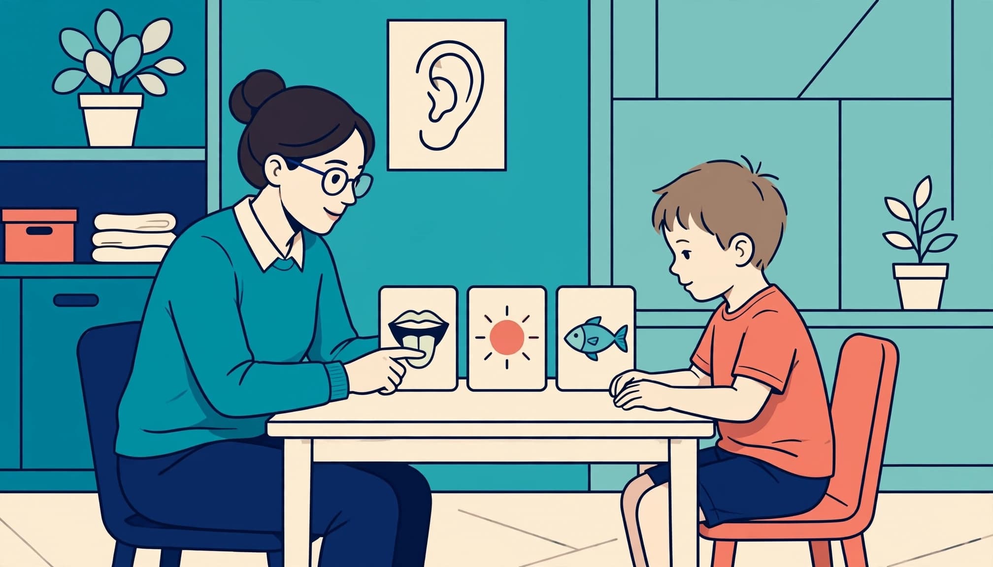 Una terapista e un bambino seduti a un tavolo con carte illustrate.